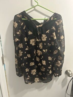 Nine West Black Blouse with Cream Floral Tie-Neck
